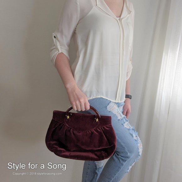 Vintage Burgundy Velvet Tortoise Handle Handbag - Picture 2 of 12